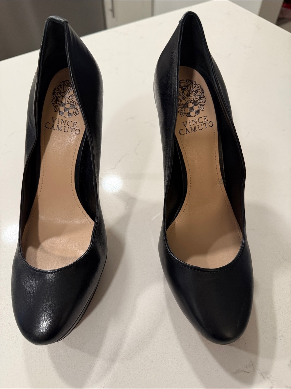 Vince Camuto Black Leather Pointed Pumps with Nude Insole